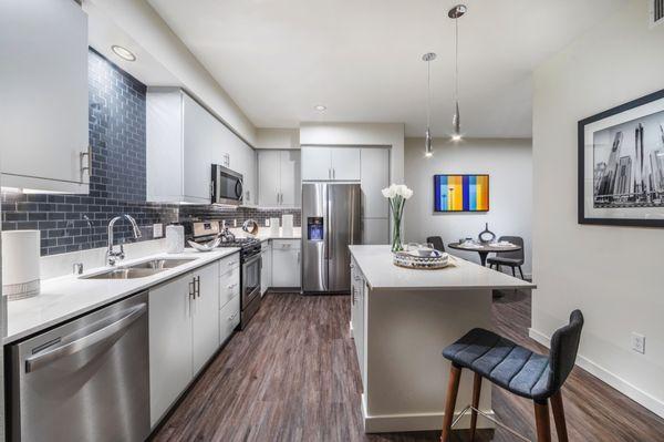 Kitchen with Stainless Steel Appliances, Quartz Countertops, and Full Backsplash