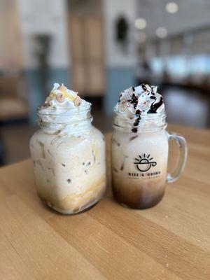 Peanut butter truffle latte and rainbow cookie latte, both iced.