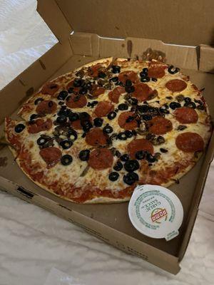 Thin crust pepperoni and olives.