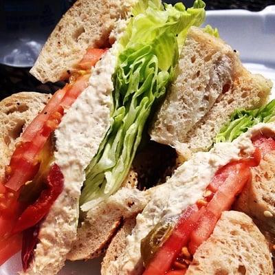 Sorority Special - Lo-fat Chicken Salad, Lettuce, Tomato on a Scooped Out Whole Wheat Everything Bagel.