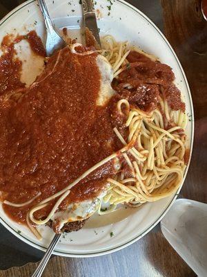 Chicken Parmesan. Extremely dry and overcooked, difficult to cut with knife.