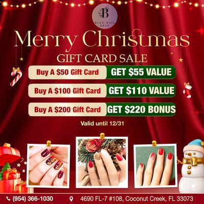 Buy a $50 Gift Card, get $55 value
Buy a $100 Gift Card, get $110 value
Buy a $200 Gift Card, get $220 value