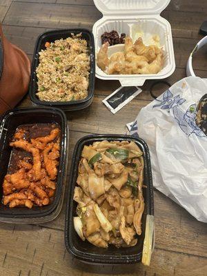 We got house fried rice, house chow fun, Beijing chicken, and honey walnut shrimp!