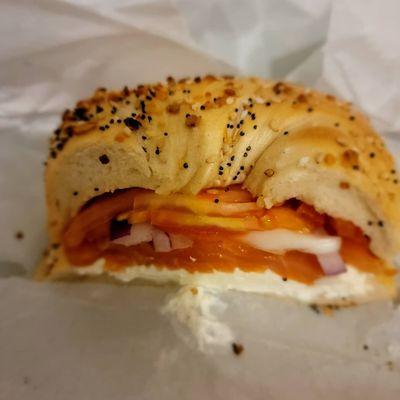 Mocha special: Bagel with Lox and Cream Cheese with capers, tomato on everything