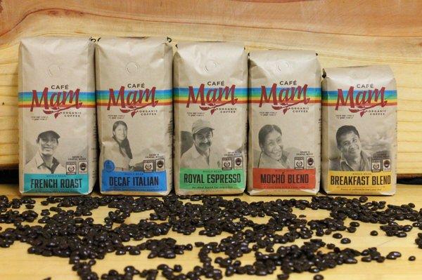 Bags of organic coffee beans sustainably grown by native Mayan farmers in Chiapas, Mexico. Roasted-to-order by Café Mam in Eugene, Oregon.