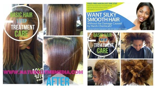 A natural hair client with color who has received the Basic One-Step Smoothing System before and after photo.