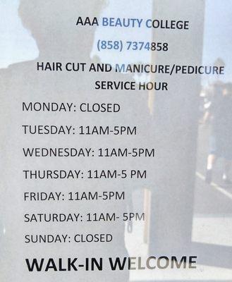 Hours for haircuts, manicures, and pedicures: August 2022.