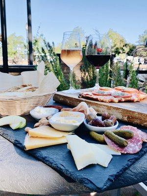 Charcuterie Assortment Margherita Warm Flatbread FR Rosé Trousseau/Pinot Noir, NV Dom. Ligier Pere & Fils Crémant du Jura