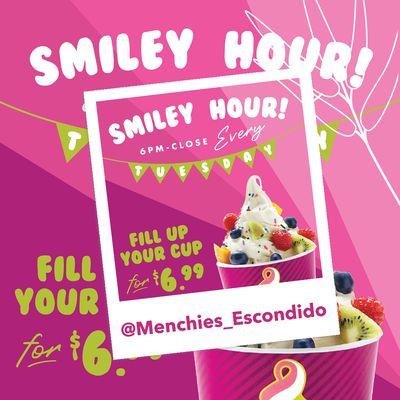 Craving for Frozen Yogurt. Join us for Smiley Hour from 6PM to 10PM every Tuesday at Menchies Escondido, CA and choose any flavor and unlimi