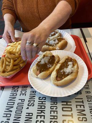 Famous Johnny's Texas hots, French fries & onion rings