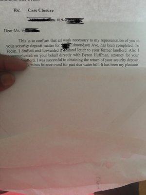 Letter after I won for them to return my security deposit