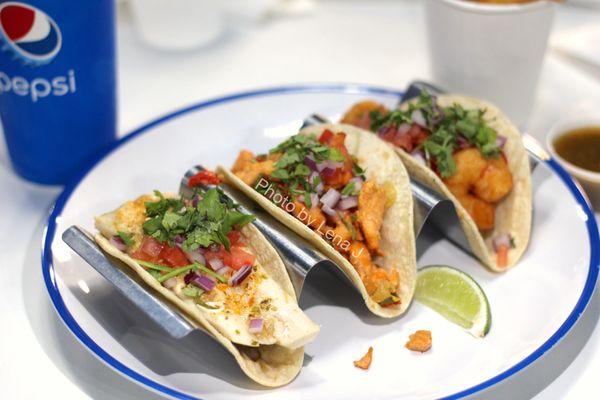 Tacos ($15) - Fish, Shrimp, and Chicken, or Steak. 3 per order, mix & match.