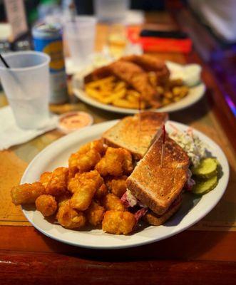 Corned Beef Reuben Sandwich and Tots