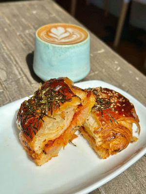 Kimchi/Spam croissant exposed- delicious! ask for it to be warmed.  w/a Mocha Latte(Holy kakow used for the mocha)