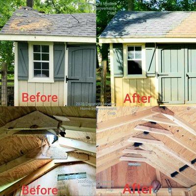 Tree damaged Shed repair and reinforced. Before and after