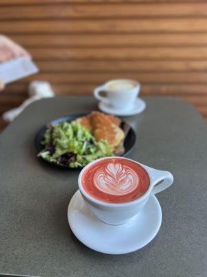 Red velvet latte, grilled cheese and lavender latte.