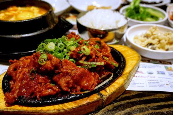 Spicy Pork Bulgogi ($25.99 for a combo with Assorted or Vegetable Soon Tofu Soup, $26.99 for regular, and $28.99 entrée).