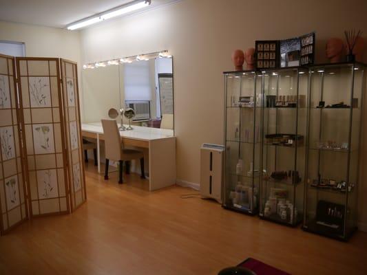 a corner of the makeup room, and the products displayed