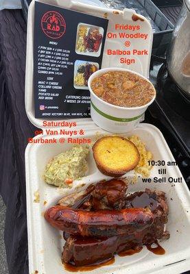 Pork Ribs, Hot Link, Mac & Cheese, Potato Salad & Jambalaya.