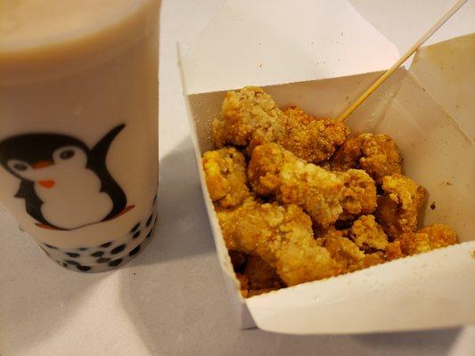 Popcorn chicken and jasmine milk tea w/ boba