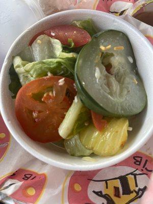 Side salad for one of my sides and I asked for extra cucumbers (only got two) and yes that's a pickle in my salad. Just a horrible