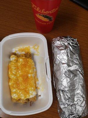 Horchata, California burrito and 3 beef rolled tacos with sour cream and cheese.