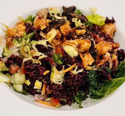 6/24 forbidden rice, rainbow kale, bbq chicken salad