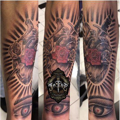 Realistic heart with roses and third eye by Josue, Addictive Ink Tattoo Studio, Everett WA