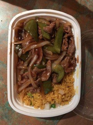 Pepper steak with xtra meat, fried rice