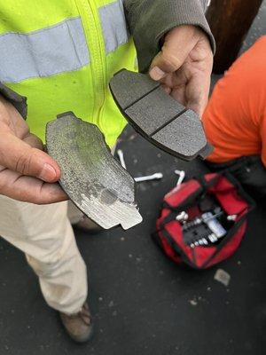 Here you see how only one side of the brake was worn cause they didn't change both or they would have been worn evenly!