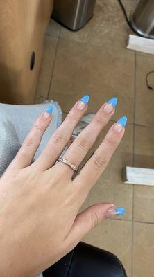 Blue French rip almond nails by Dam