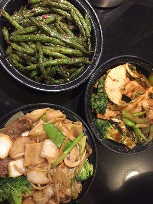 Szechuan string beans, veggie "chicken" with broccoli, and beef chow fun