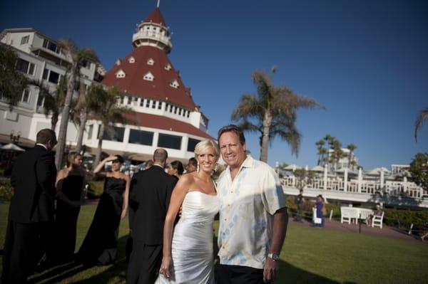 DJ Miles with another happy bride in front of the Hotel Del Coronado