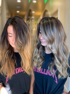 Before and after Balayage highlight and toner gloss!