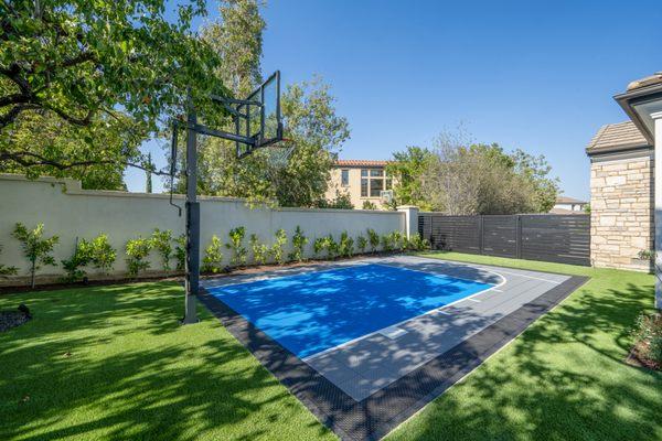 Basketball Court, artificial turf, modern fence, planting and lighting