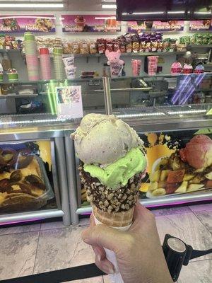 Pistachio and ferrero Cone Double. $10