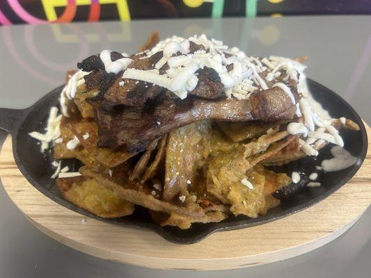 Chilaquiles Verdes with ribeye Steak