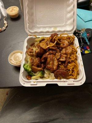 Chicken and shrimp teriyaki with noodles