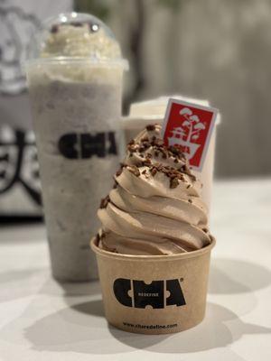 Clockwise from the upper left, black sesame mountain, da hong pao chappuccino, and Sri Lankan milk tea soft serve. All quite good!