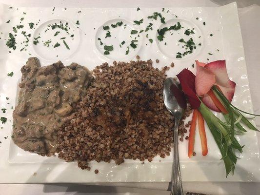 Beef stroganoff with a side of buckwheat