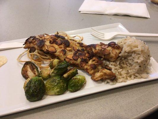 Almond fish and Brussels sprouts with rice