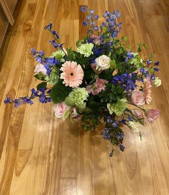 Blue with delphiniums and green orchids!