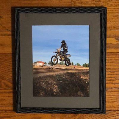 Am I crazy or does this frame kinda remind you of a dirt bike tire tread? #customframing #framedmemories #dirtbike #mykid #flybabyfly