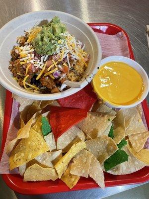 Create Your Own Burrito Bowl, chips and Queso