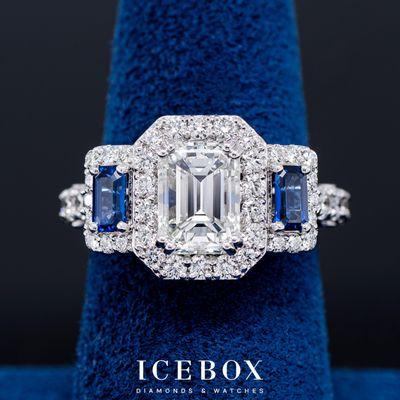 Emerald cut center diamond with sapphires engagement ring - custom design