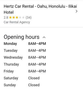 The updated business hours of Hertz Rental Car at the Ilikai Hotel as of September 12, 2022. I found this on Google.