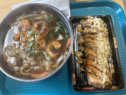 Shrimp udon and Baked Salmon On Spicy Tuna Roll