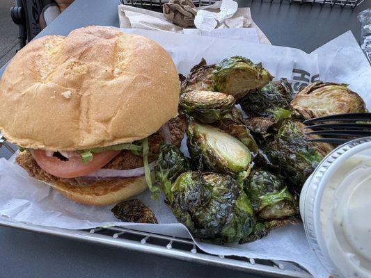 COLORADO CRISPY CHICKEN SANDWICH with CRISPY BRUSSELS SPROUTS