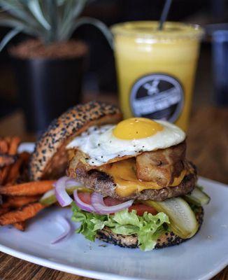 Bison Burger. Added House Smoked Bacon. Fried Egg. Fresh Pressed "Refresh" Juice.