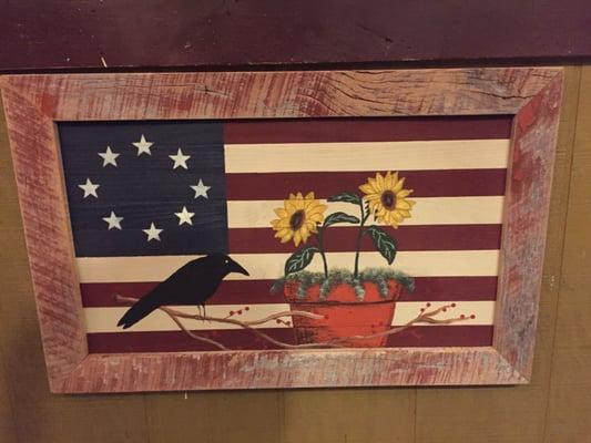 Framed Hand-Painted in the USA Flag with Crow & Sunflowers. Other hand -painted framed  art available at Heart Felt Designs Country Shop